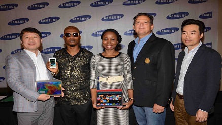 (L-r): Anish Mathew, product manager, Information Technology and Mobile, Brovo Kim, managing director, both of Samsung Electronics West Africa, Remilekun Abdulkalid Safaru, a.k.a. Reminisce, Samsung brand ambassador, Ms. Olajumoke Okikiolu, head of Product Marketing, Information Technology and Mobile, and Emmanouil Revmatas, director, Information Technology and Mobile, both of Samsung Electronics West Africa, at the launch of Samsung’s Galaxy Tab S and new entry-level devices, Galaxy Ace 4 Lite and Galaxy